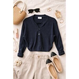 Callahan Knitwear Women's Button Up Linen Blend Sweater Long Sleeve Black Size S